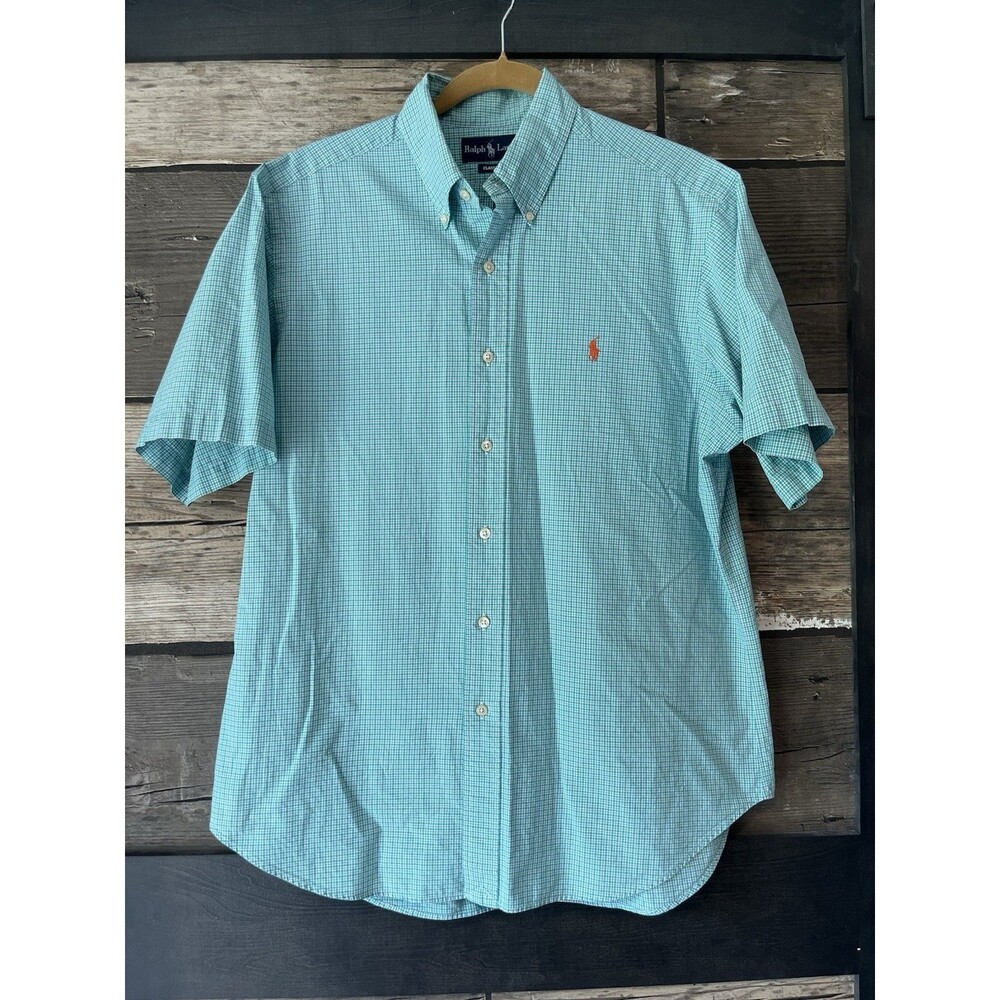 Men’s Ralph Lauren Blue Green Plaid SS Button Down Size L Classic Work  EUC